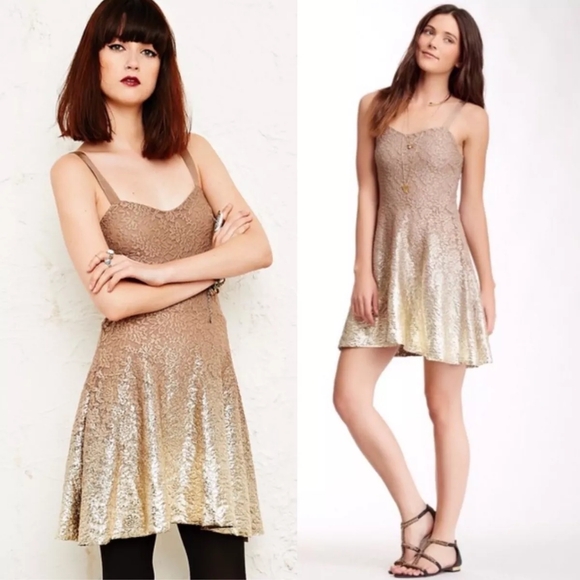 Free People Dresses & Skirts - Free People Foiled Ombré Nude Tan Gold Lace Fit & N Flare Dress Boho Gypsy Party